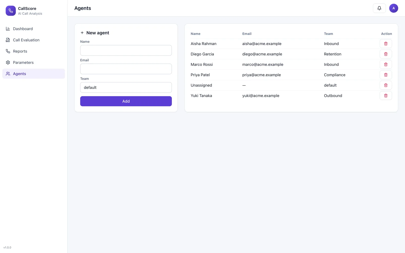 Agent management screen listing agents and their evaluated call counts.