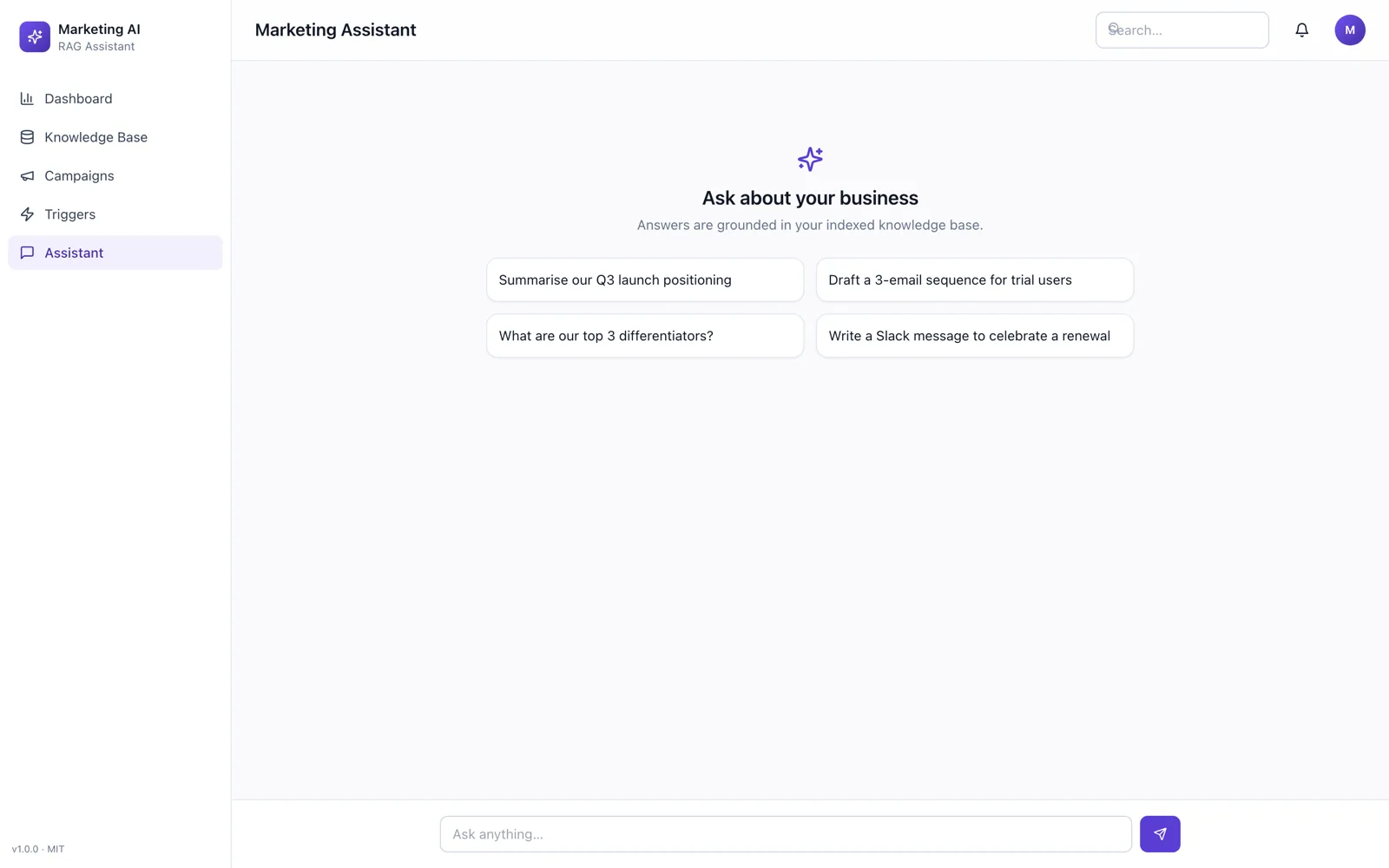 Grounded assistant screen with suggested prompts and the note that answers come from the indexed knowledge base.