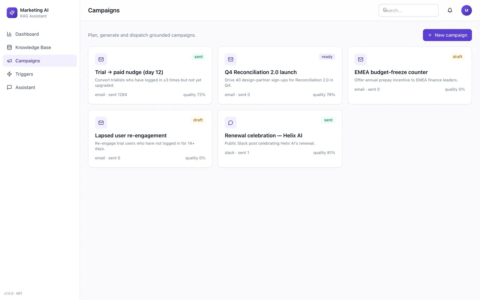 Campaign list with channel, status and generated content.