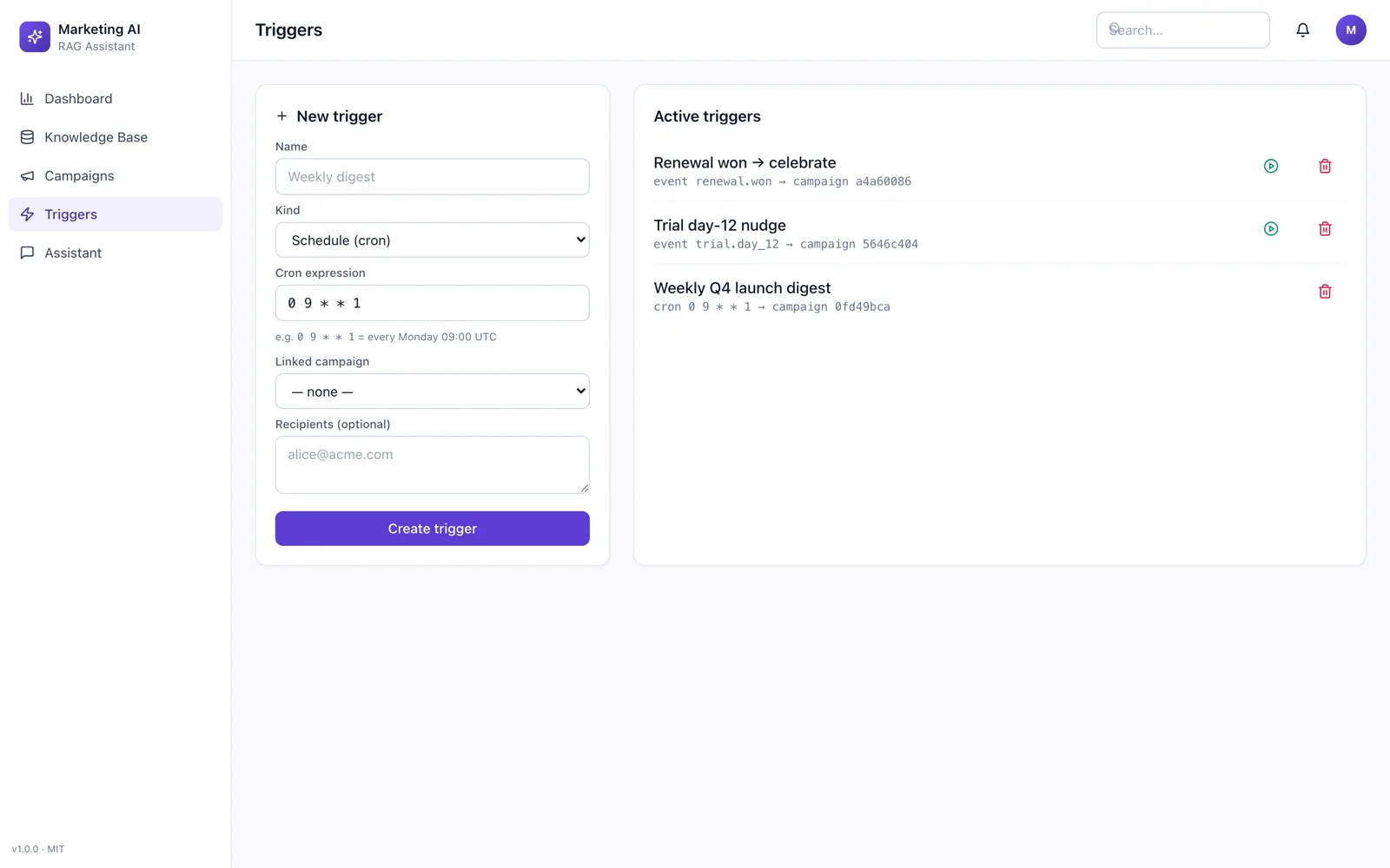 Trigger engine screen with cron schedules and event triggers dispatching to email, Slack and webhooks.