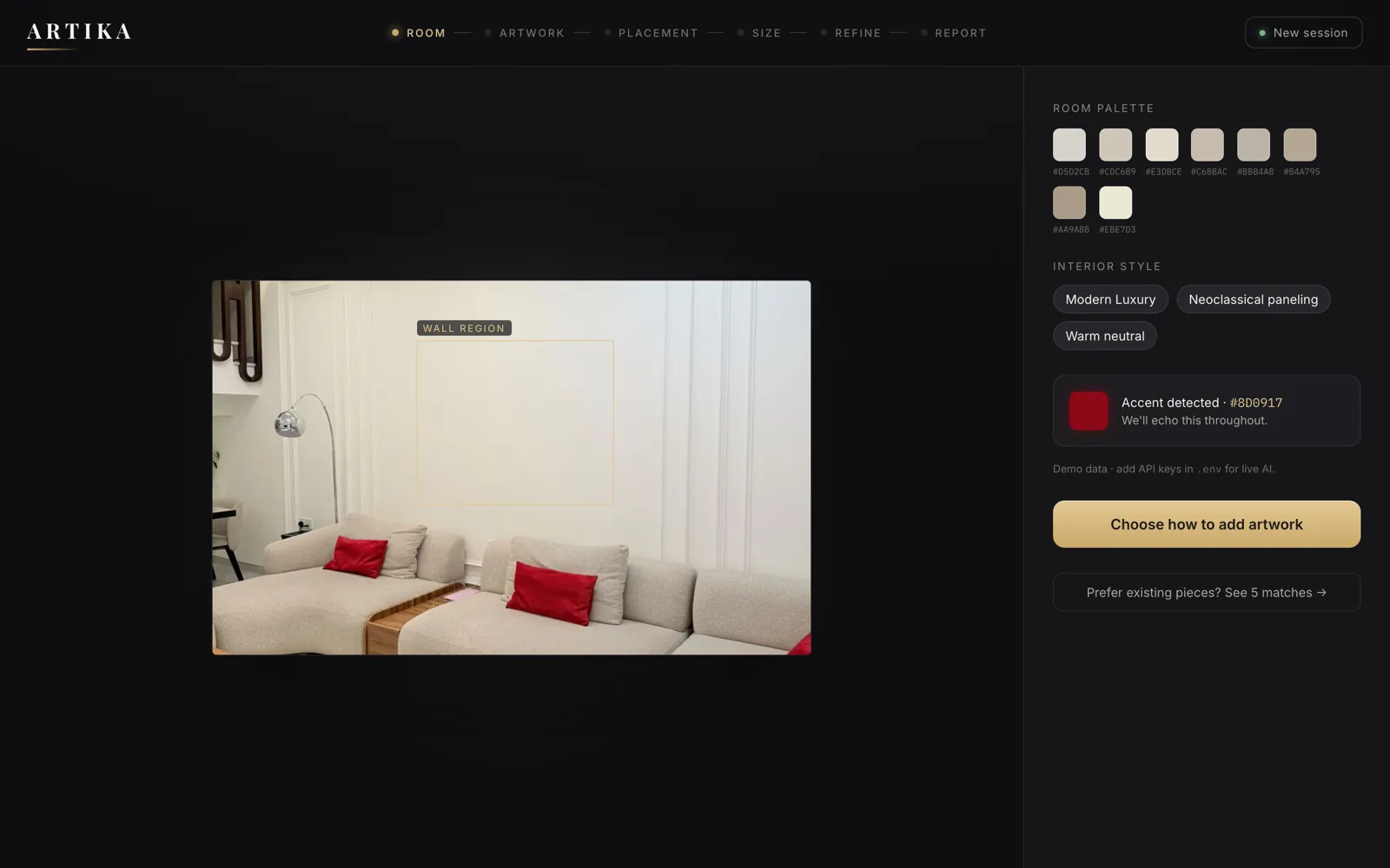 Artika room analysis showing an extracted eight-colour palette with hex values, detected wall region and interior style tags.