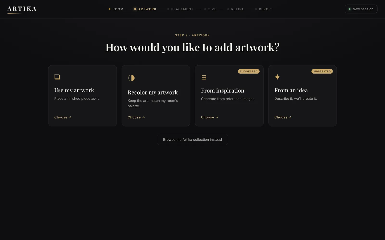 Four ways to add artwork: use my own, recolour mine, from inspiration, or from an idea.