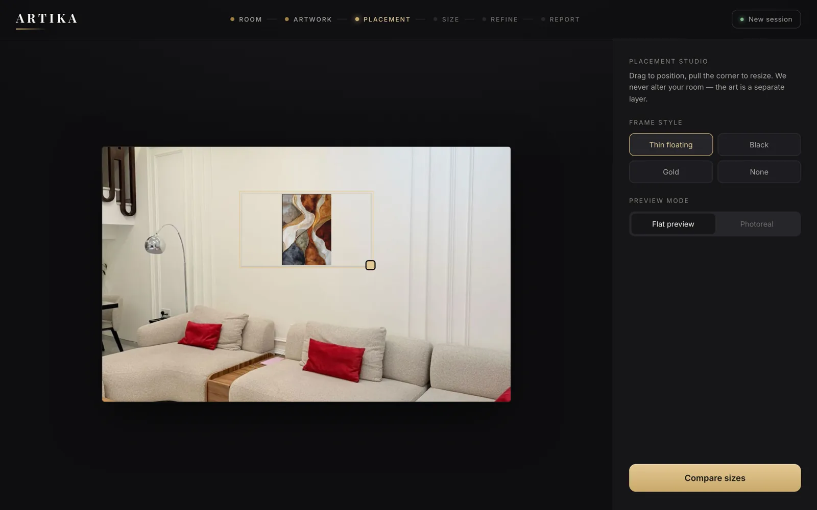 Placement studio with the artwork composited onto the detected wall, frame style and preview mode controls.