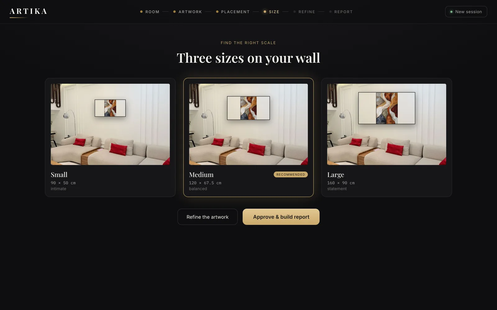 The same artwork rendered on the wall at three sizes with centimetre dimensions and a recommendation.