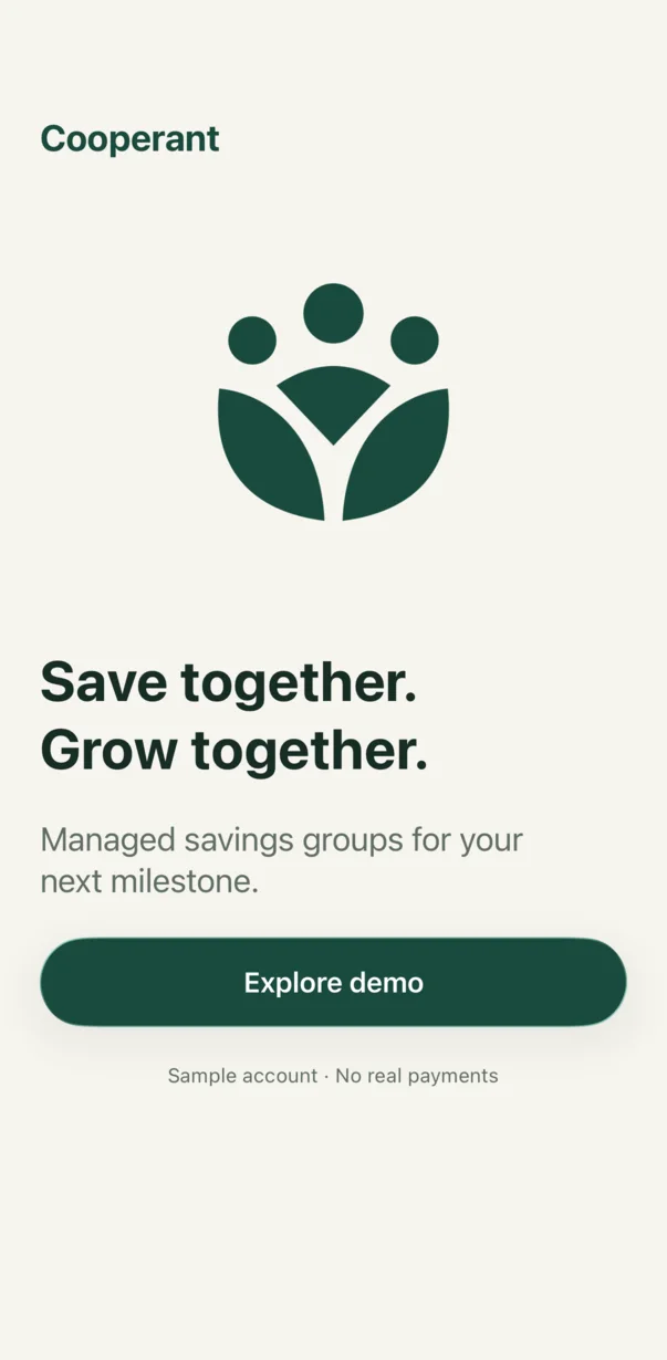 Cooperant welcome screen with the People Together mark, the Save together Grow together tagline, and an explicit sample-account disclosure.