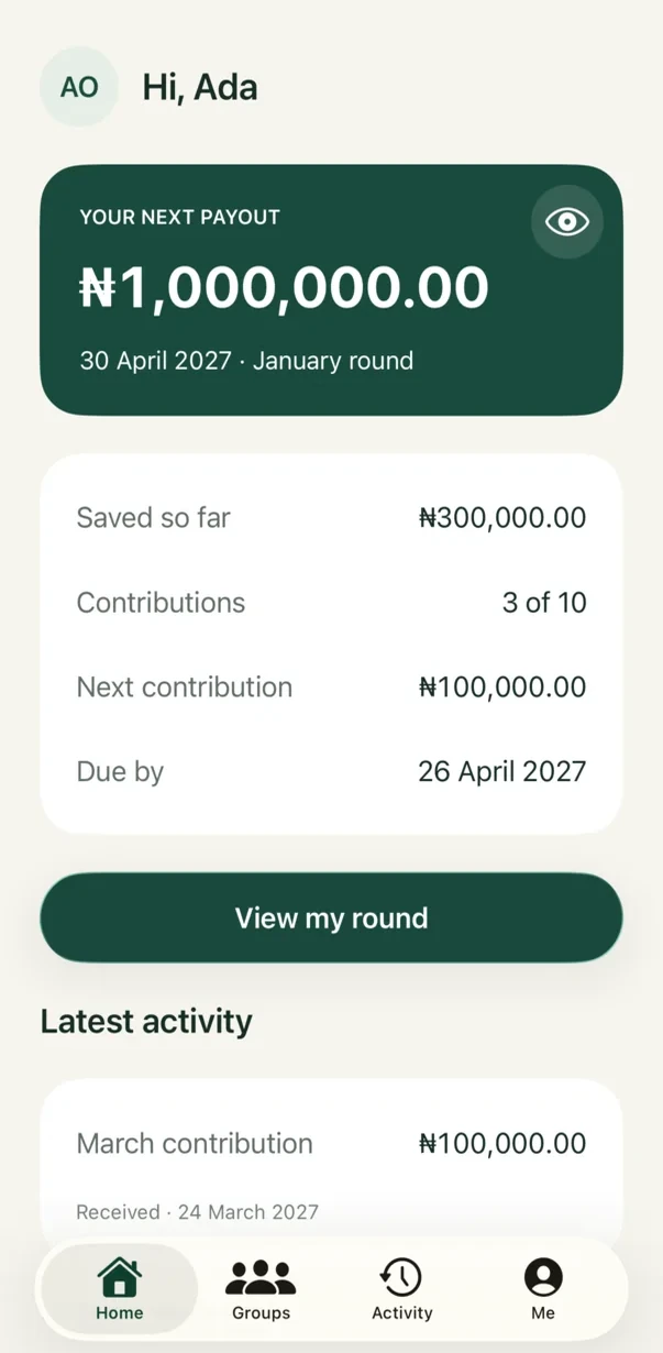 Cooperant member home showing the next payout, amount saved, contribution progress, next contribution and recent activity.