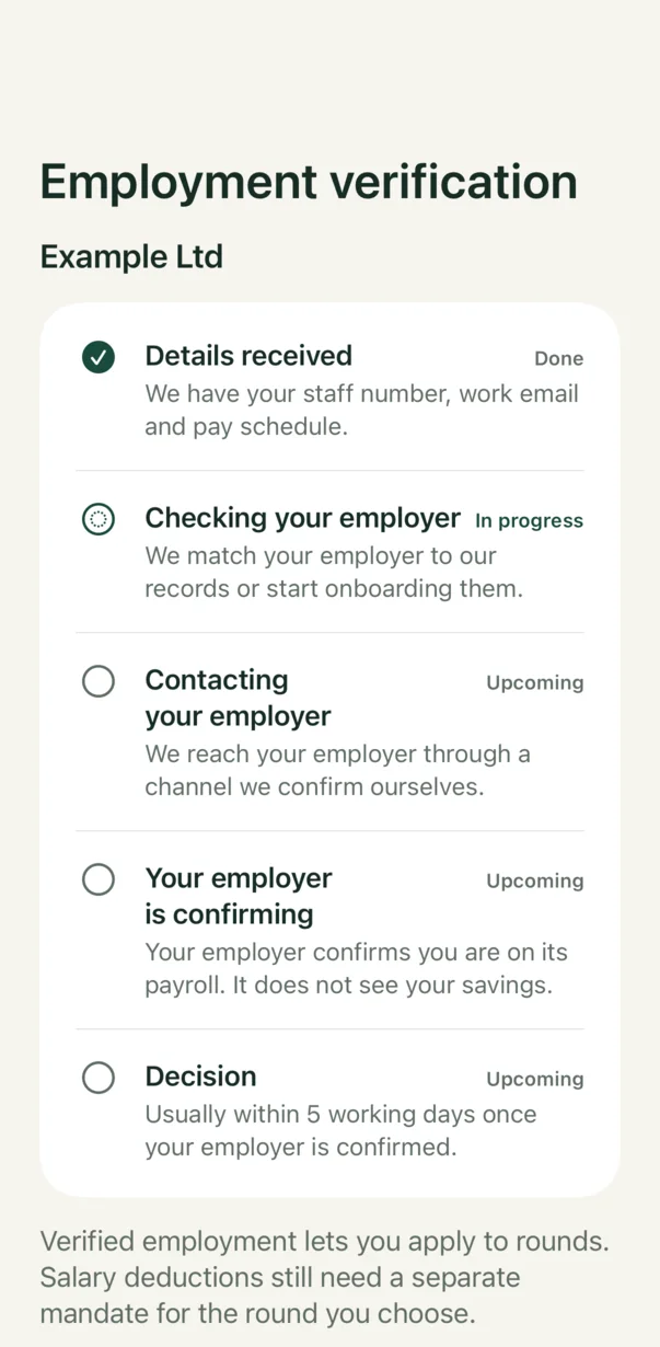 Cooperant employment verification timeline with completed, in-progress and upcoming stages.