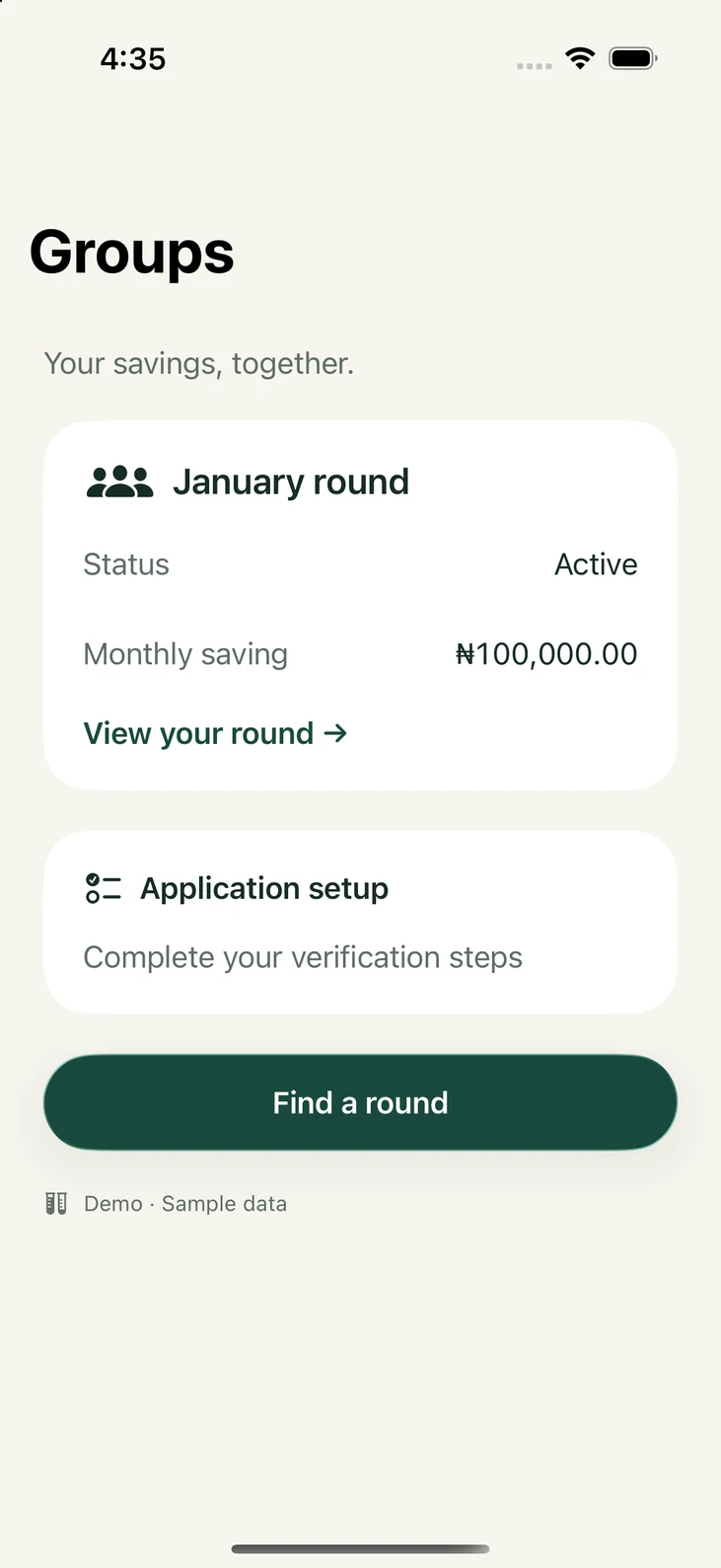 Cooperant Groups screen showing an active January savings round, application setup and the option to find another round.