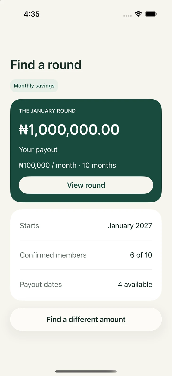 Cooperant Find a round screen showing the January round payout, monthly saving, duration, confirmed members and available payout dates.