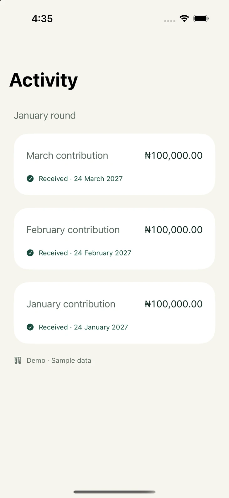 Cooperant Activity screen showing three received monthly contributions for the January round.