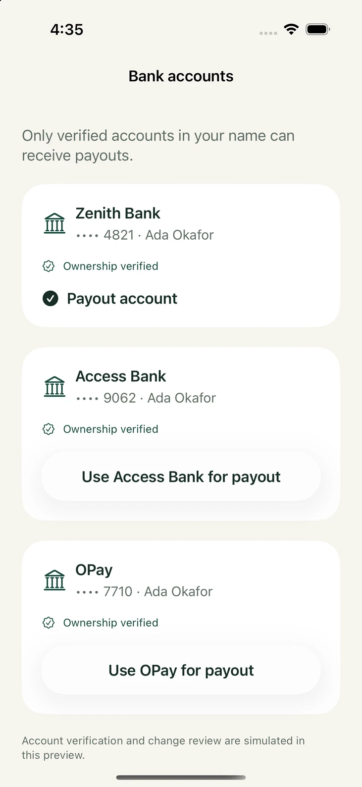 Cooperant Bank accounts screen showing verified ownership and the currently selected payout account.
