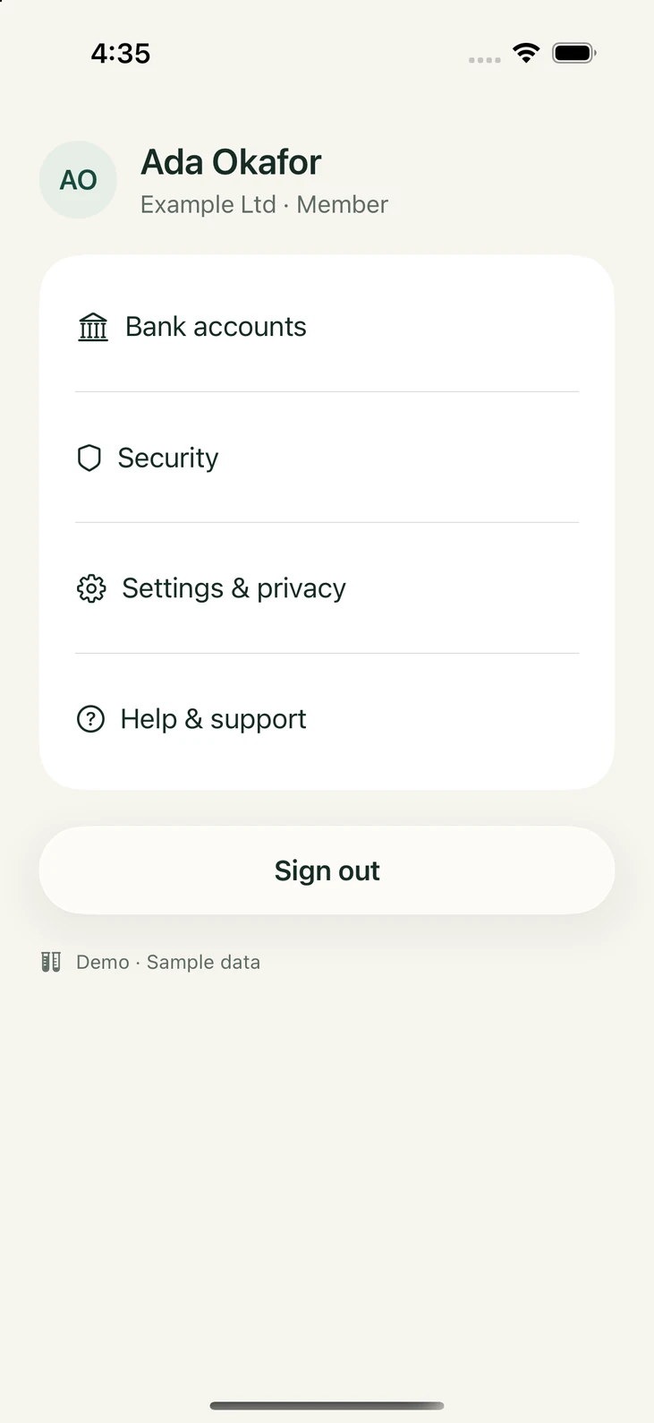 Cooperant member profile with bank accounts, security, privacy, support and sign-out destinations.
