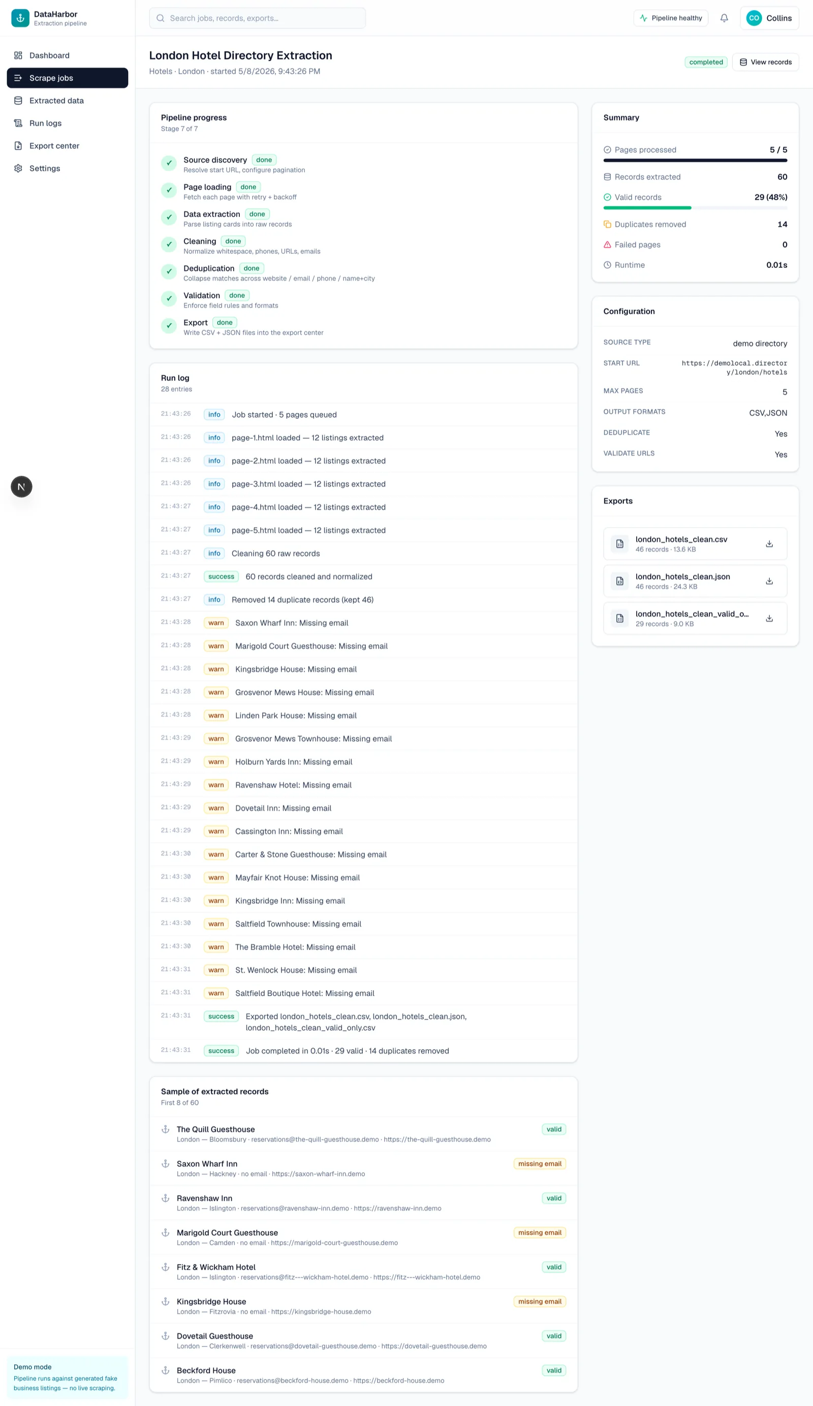 DataHarbor job detail view with per-stage metrics and the run's extracted records.