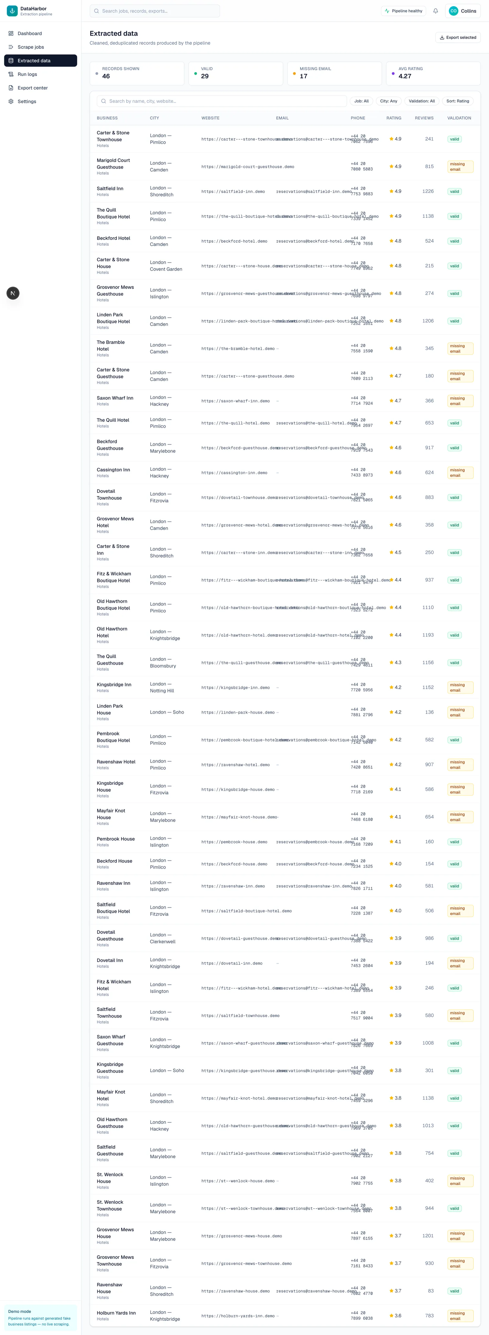 DataHarbor extracted records table with per-field validation status.