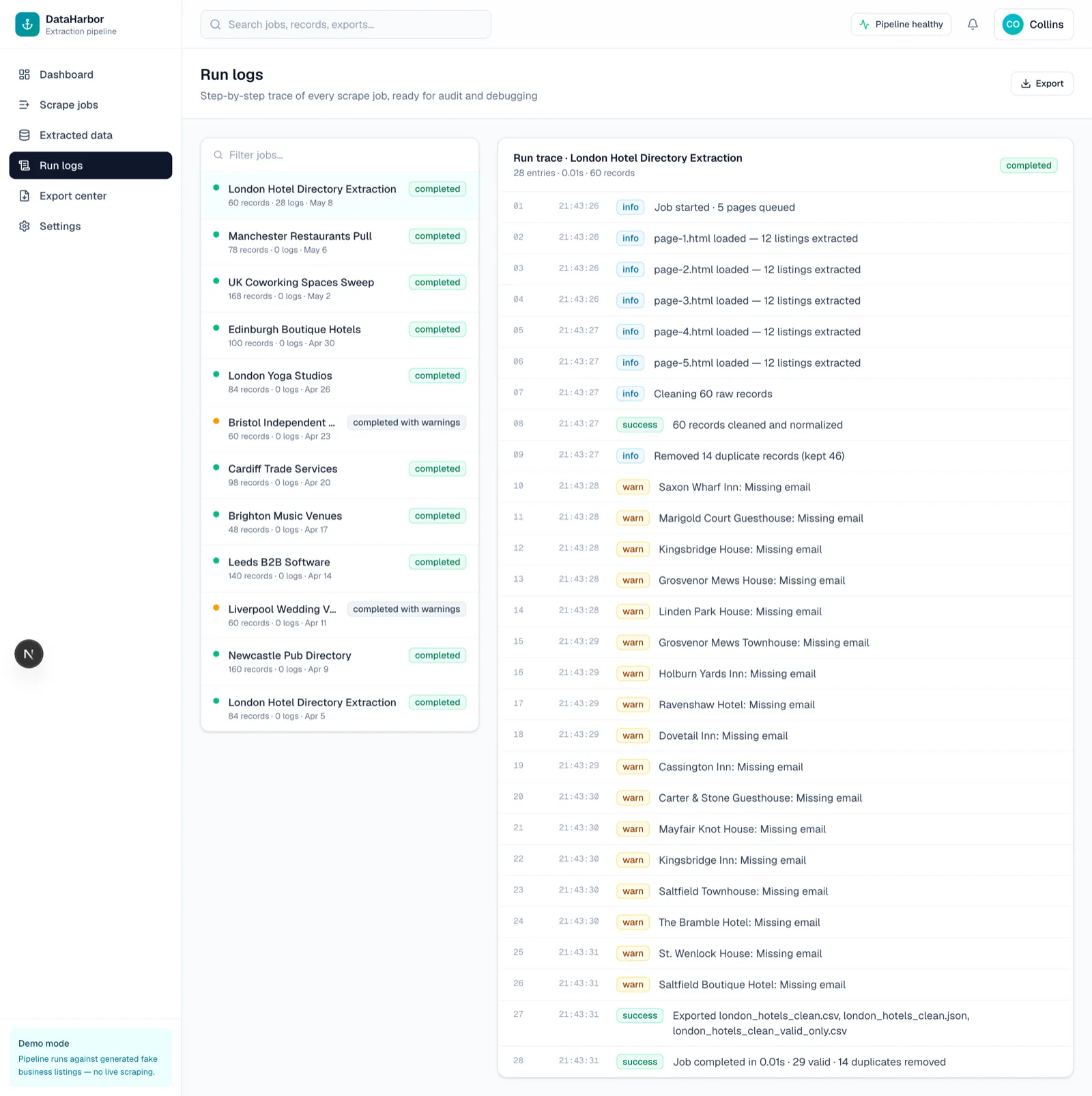 DataHarbor structured log view filtered by severity.