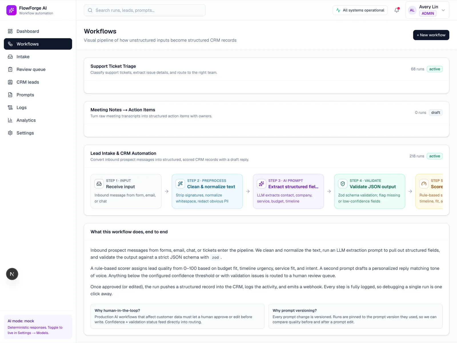 FlowForge AI workflow builder showing the extraction pipeline steps.