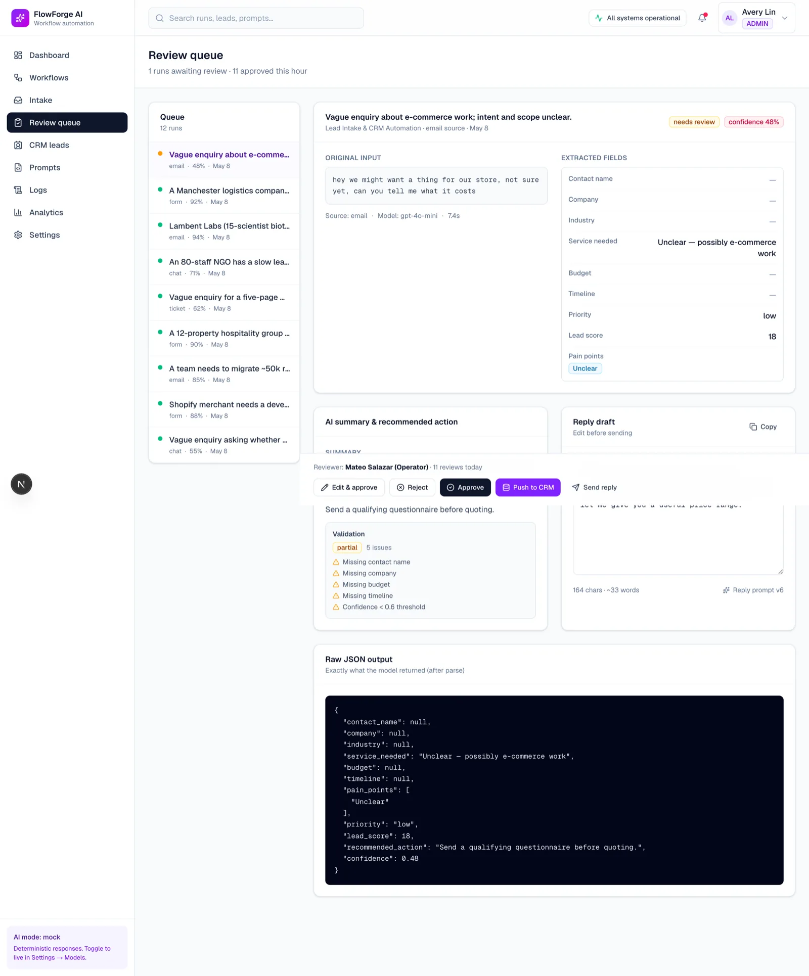 FlowForge AI human review queue with extracted fields and confidence per field.