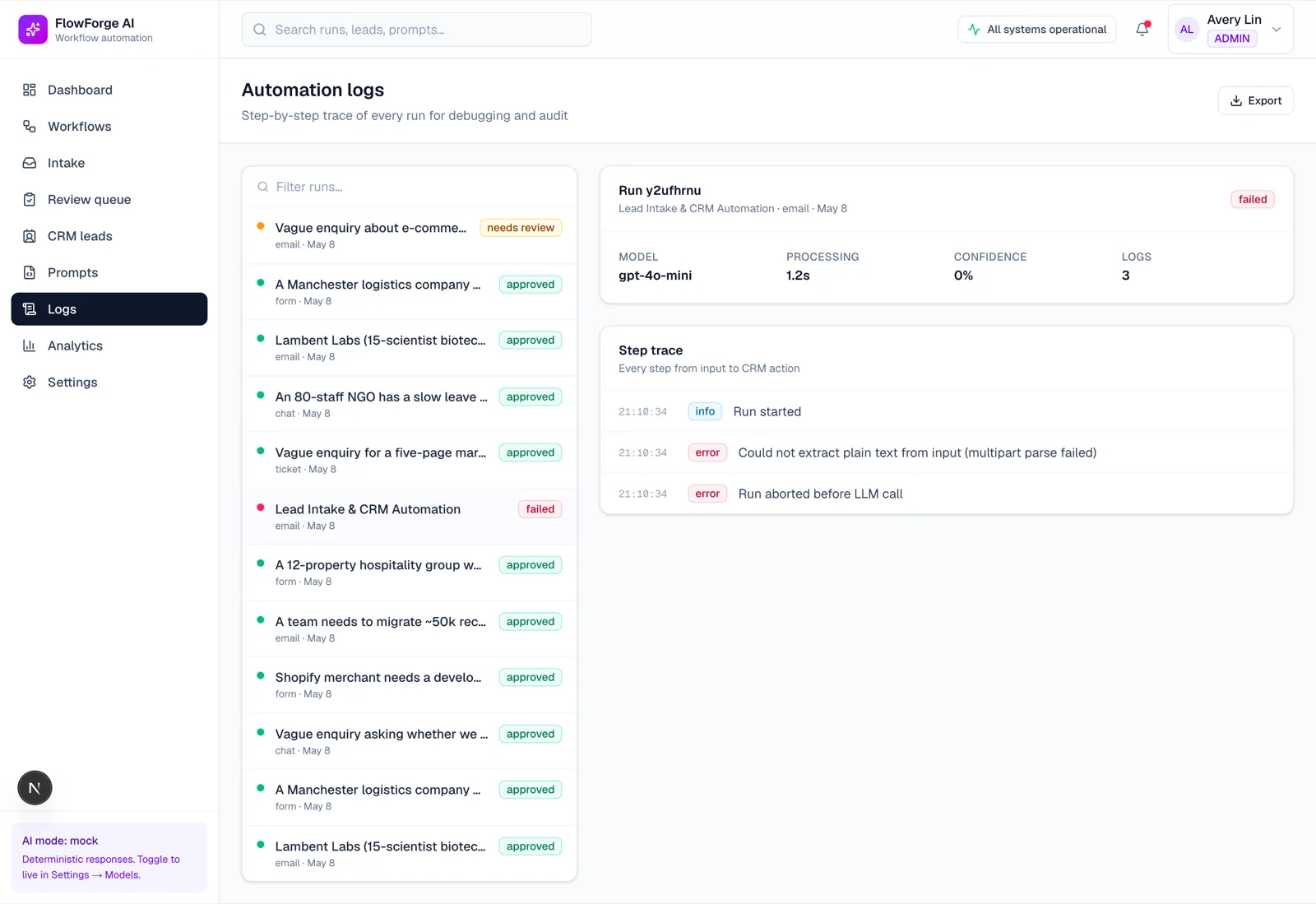 FlowForge AI per-run step log with prompt version and token usage.