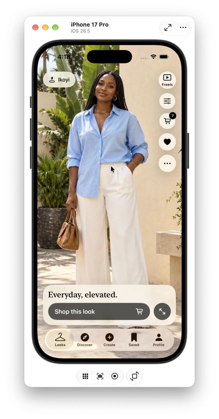 Naija Fashion Looks screen showing a Lagos outfit, Ikoyi location, shopping controls, cart, favourites and the five-tab navigation.
