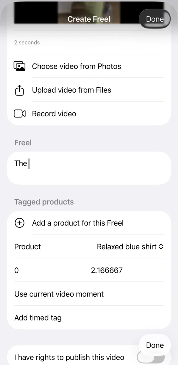 Naija Fashion Create Freel screen for choosing or recording a video and tagging a product at a specific moment.