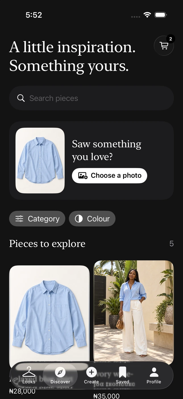 Naija Fashion Discover screen with a photo entry point, editable category and colour constraints, and local catalogue results.