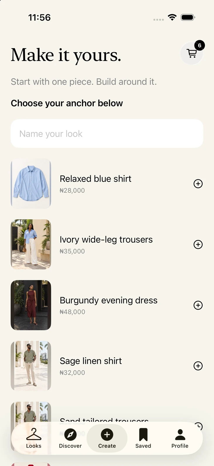Naija Fashion Create screen for assembling and saving an outfit from catalogue pieces.