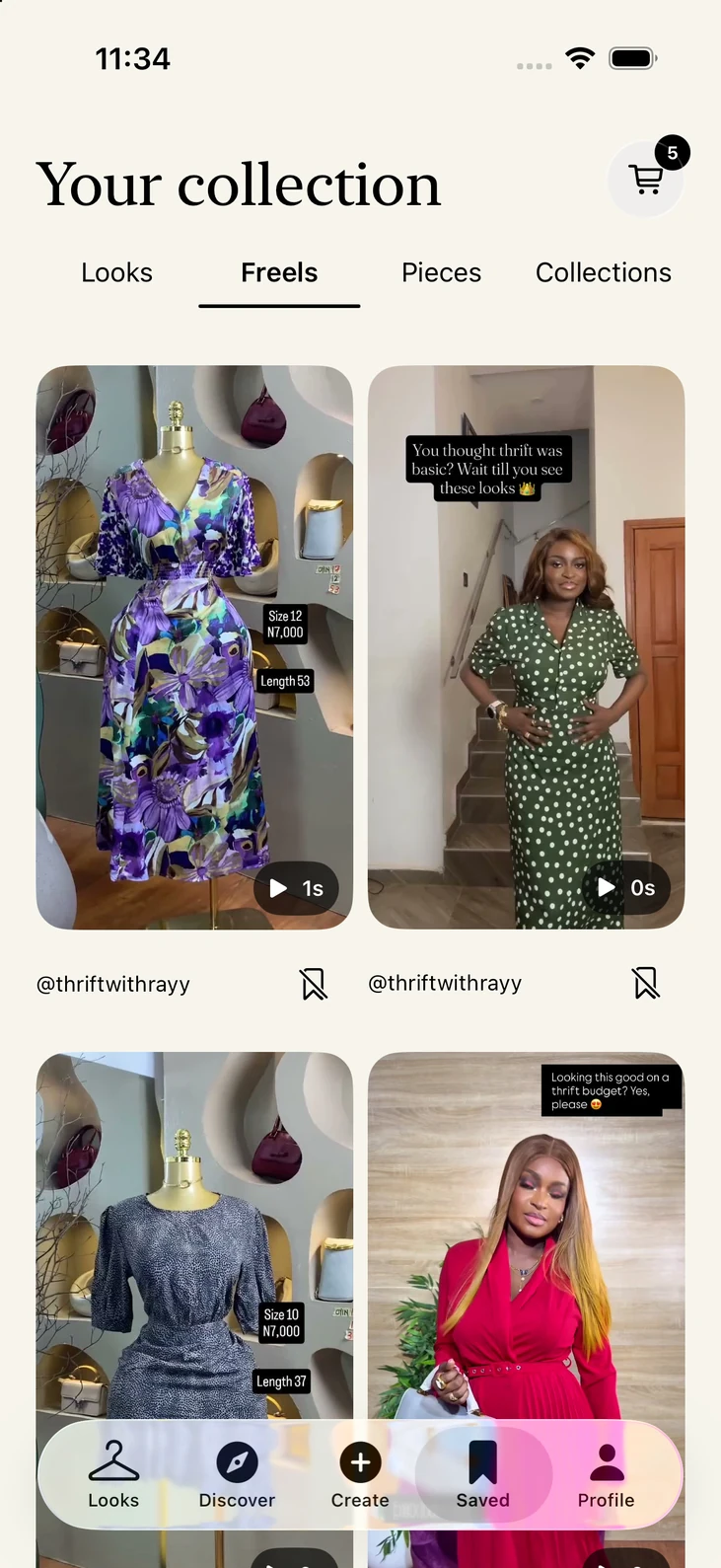 Naija Fashion Saved screen containing organised looks, pieces and collections.