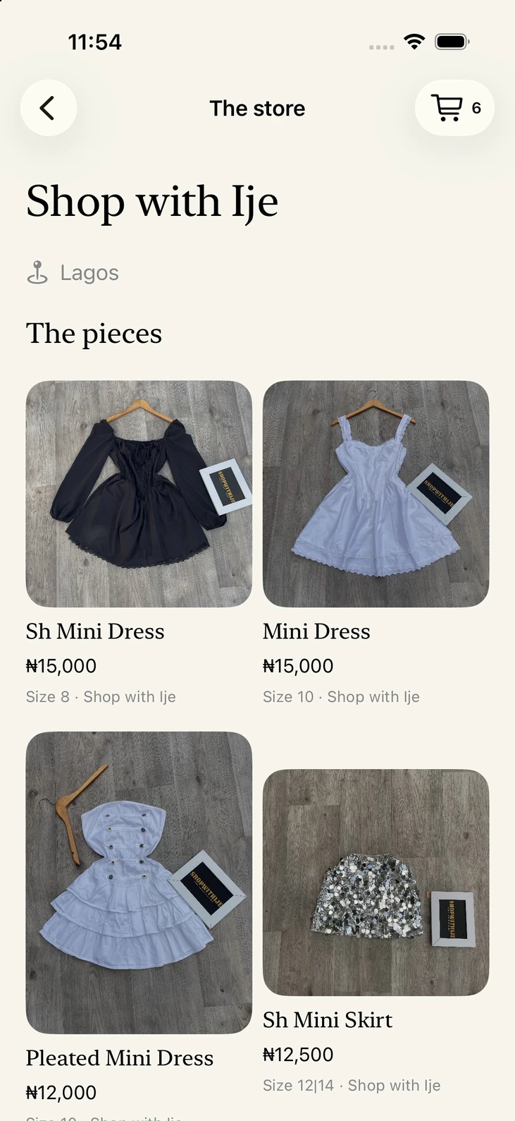 Naija Fashion store page showing a local seller's pieces and Freels.