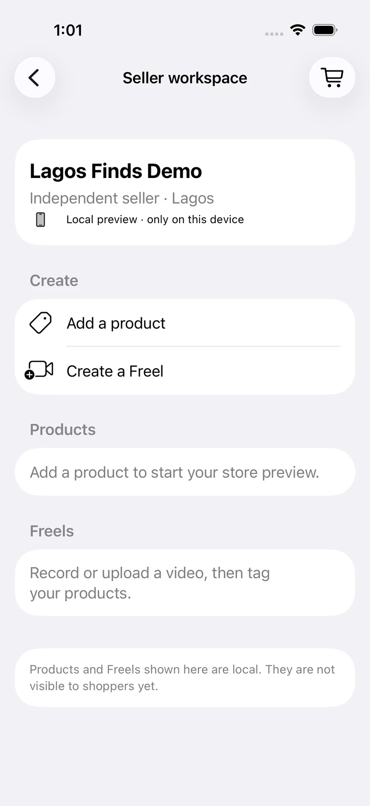 Naija Fashion seller workspace with actions to add a product or create a Freel and a local-preview disclosure.