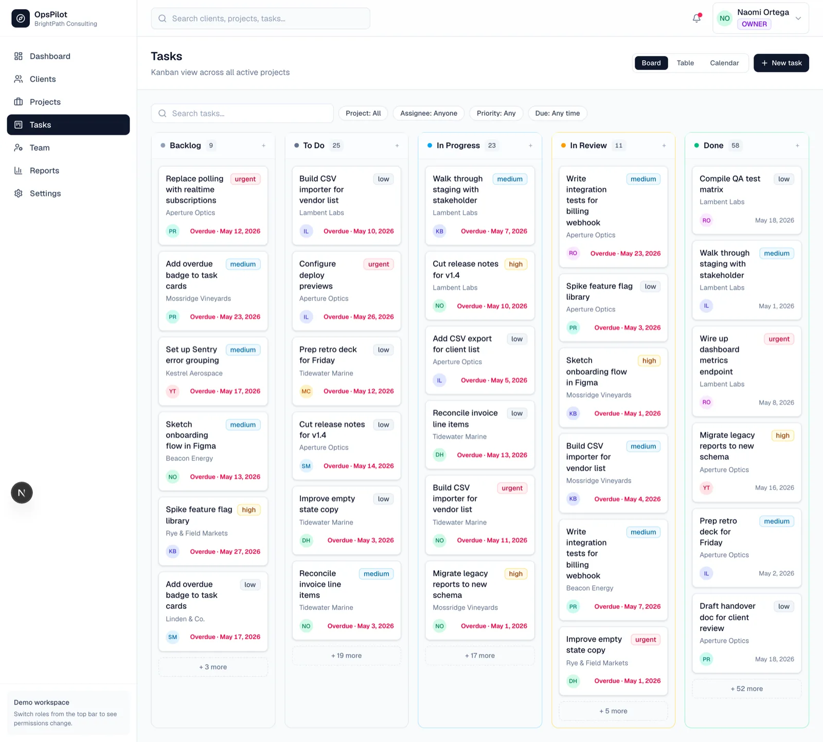 OpsPilot task board grouped by status across projects.