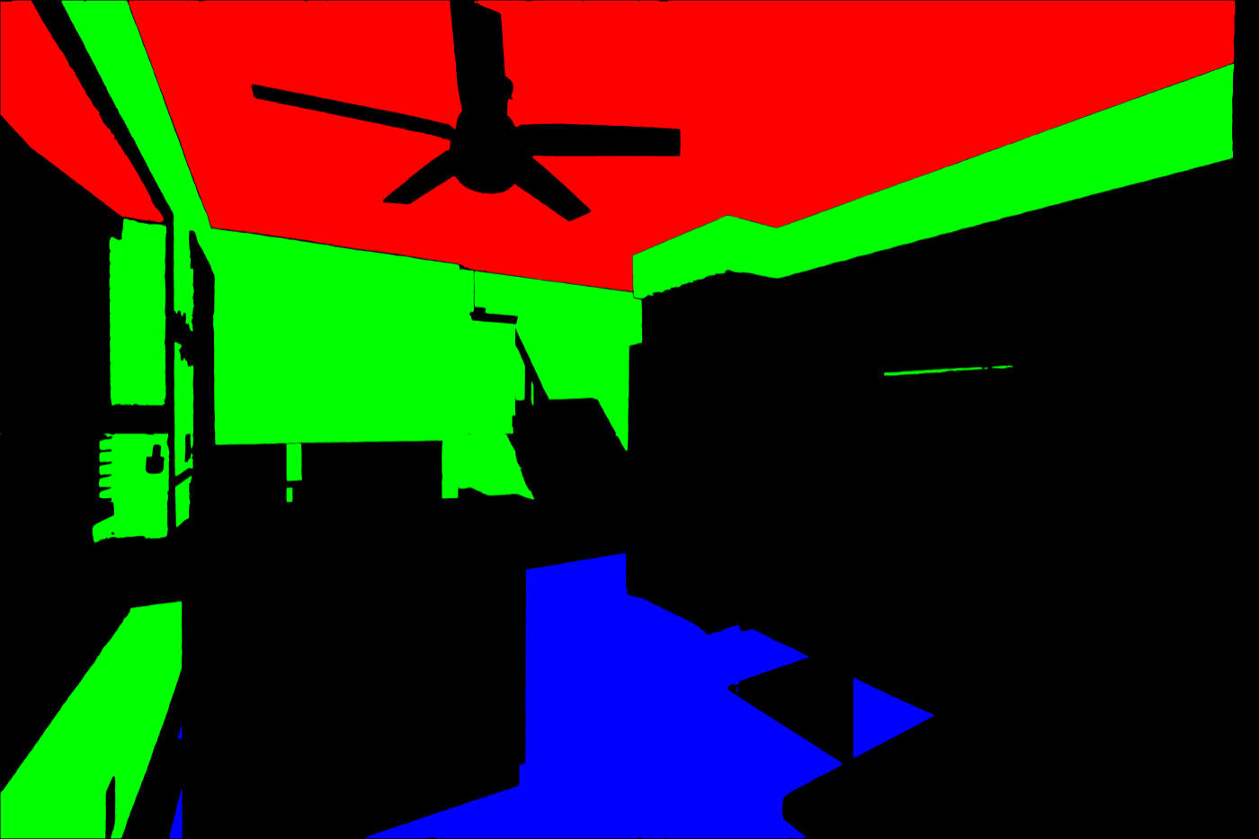 Predicted segmentation mask — Galley kitchen. Wall cabinetry, a tiled splashback and a ceiling fan break up every surface at once, with an open stair run carrying the wall class into the background.