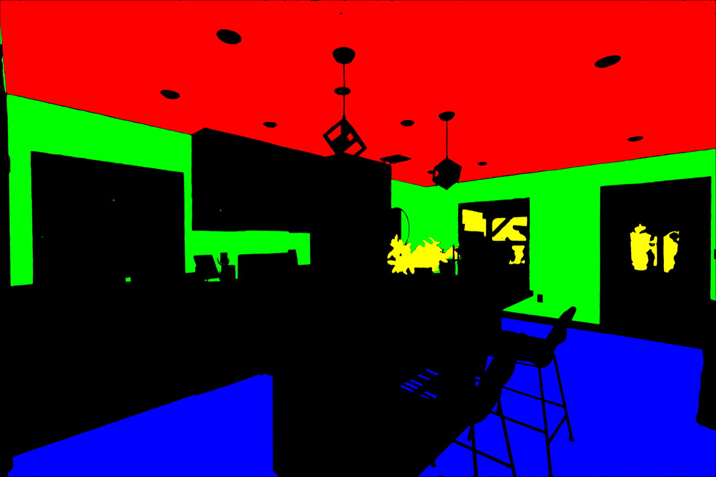 Predicted segmentation mask — Open-plan kitchen. Caged pendants, their flexes and a dozen recessed downlights all cut into the ceiling; the island and rattan stools interrupt the floor. The foliage on the island is picked up as plant.