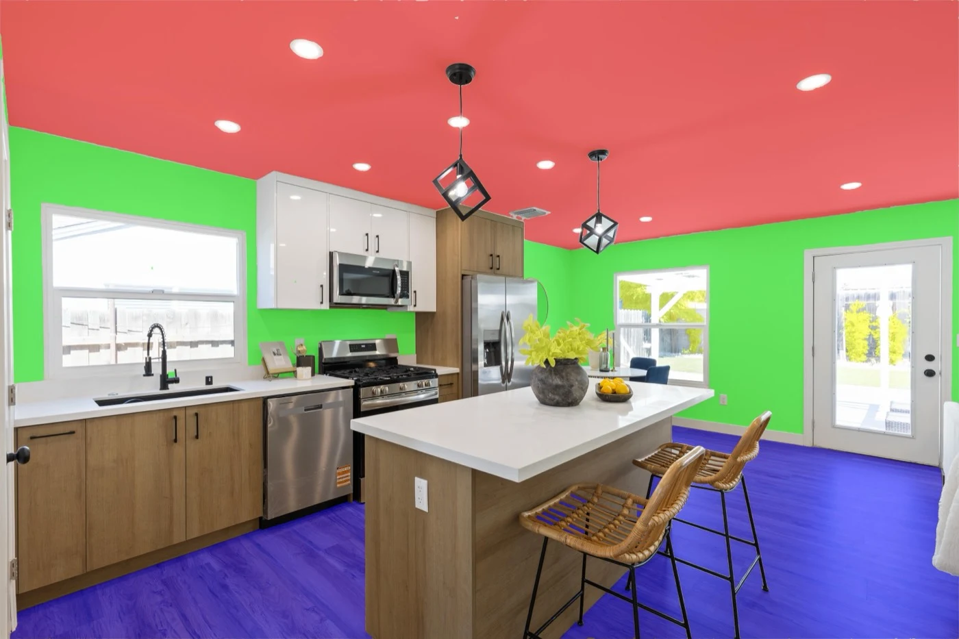 The same mask composited over the source photograph — Open-plan kitchen. Caged pendants, their flexes and a dozen recessed downlights all cut into the ceiling; the island and rattan stools interrupt the floor. The foliage on the island is picked up as plant.