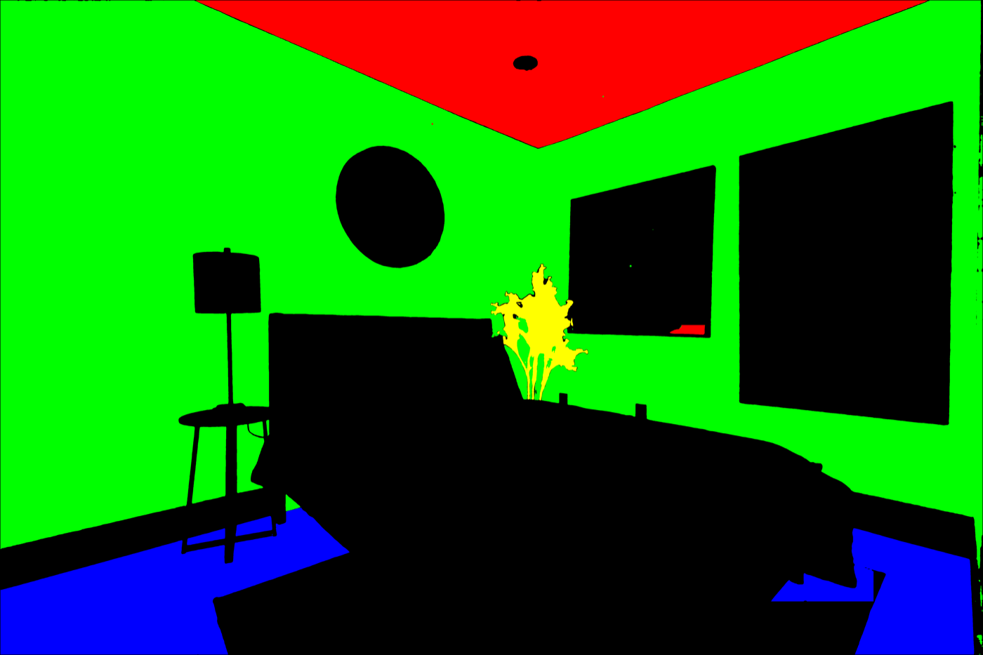 Predicted segmentation mask — Furnished bedroom. The bed, lamp, clock and framed art fall outside the class set and are left black rather than absorbed into the wall behind them. The stems beside the headboard resolve as plant.