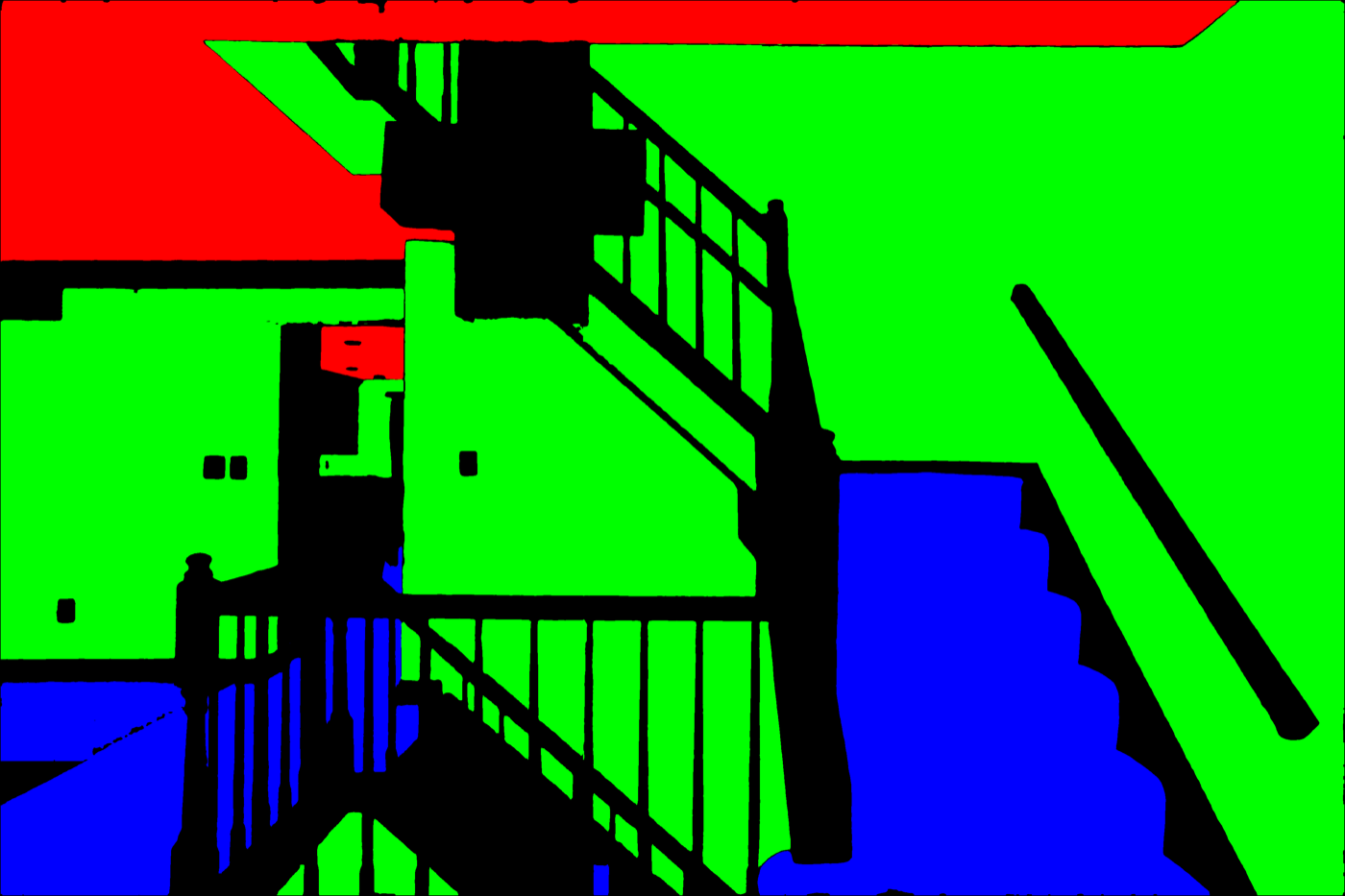 Predicted segmentation mask — Stairwell — the hard case. Dozens of thin balusters sit in front of the wall behind them, and the carpeted treads have to read as floor while the strings and handrail do not.