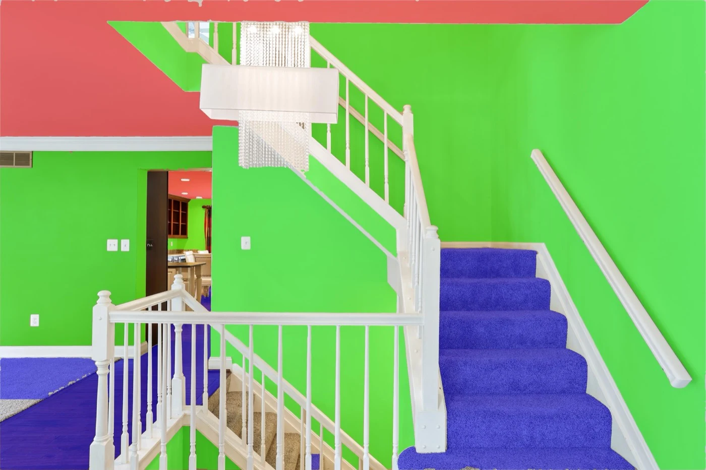 The same mask composited over the source photograph — Stairwell — the hard case. Dozens of thin balusters sit in front of the wall behind them, and the carpeted treads have to read as floor while the strings and handrail do not.