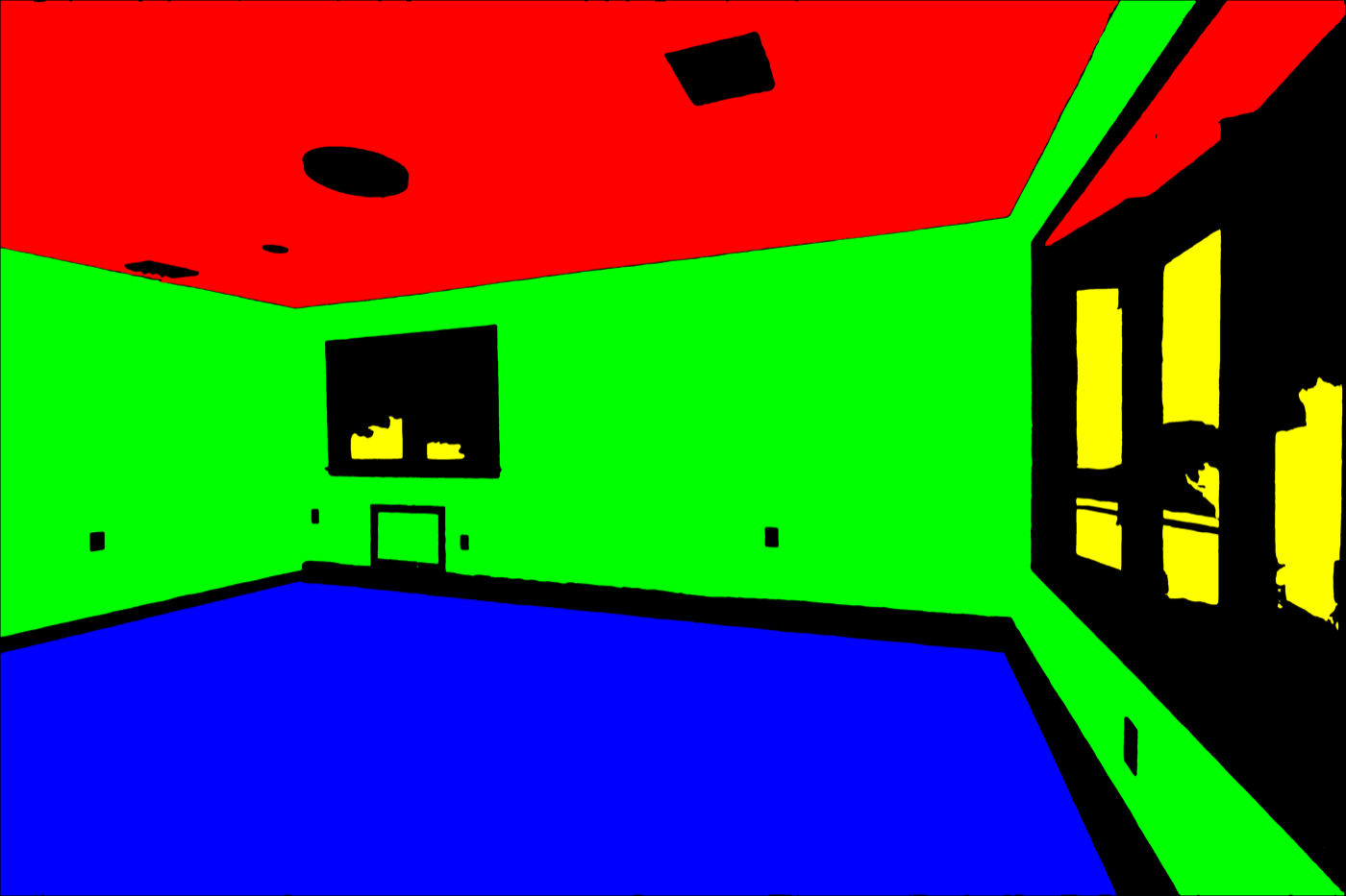 Predicted segmentation mask — Plant is labelled through glazing — the trees outside are classified as plant while the window frames and mullions stay out of the wall region.