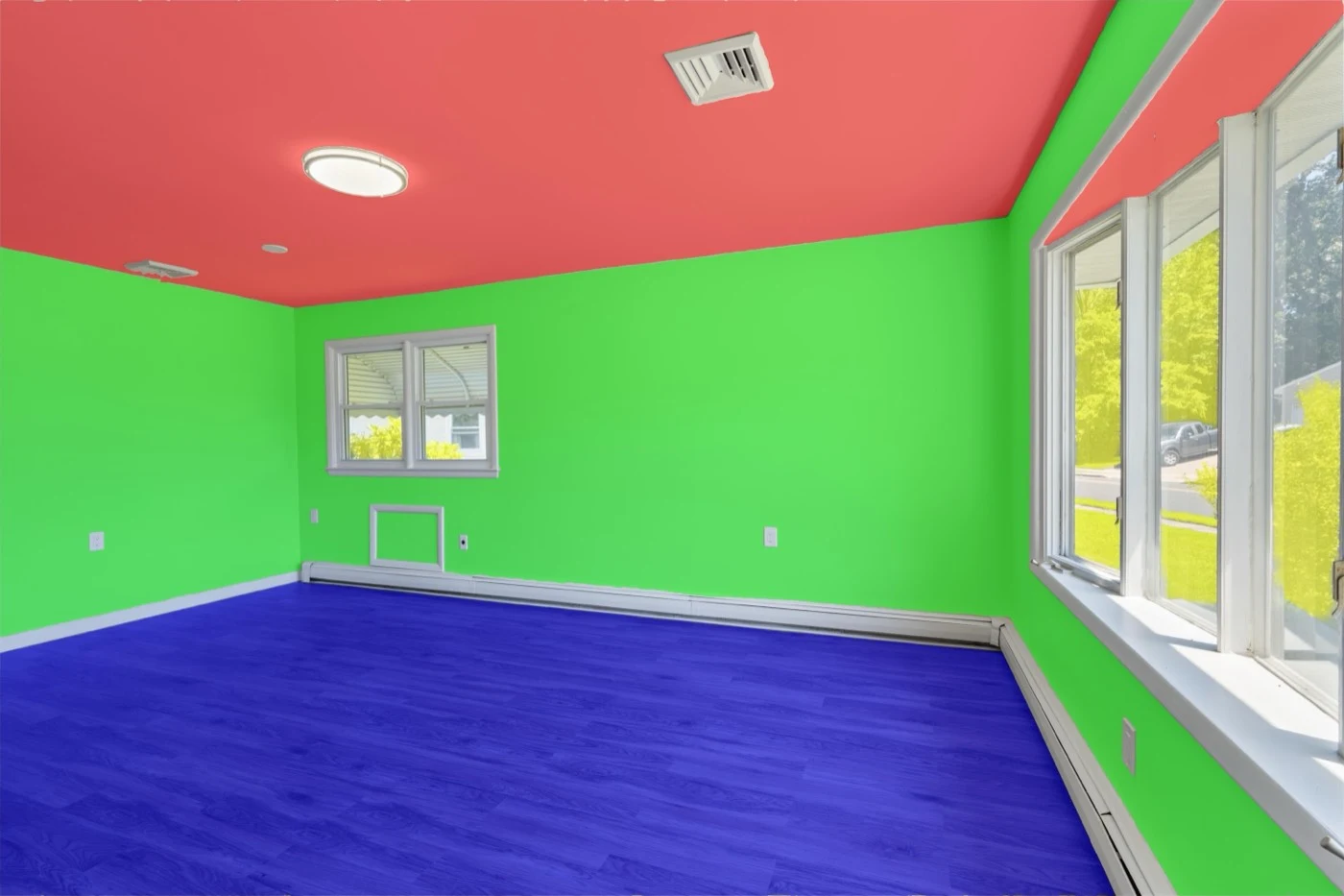 The same mask composited over the source photograph — Plant is labelled through glazing — the trees outside are classified as plant while the window frames and mullions stay out of the wall region.