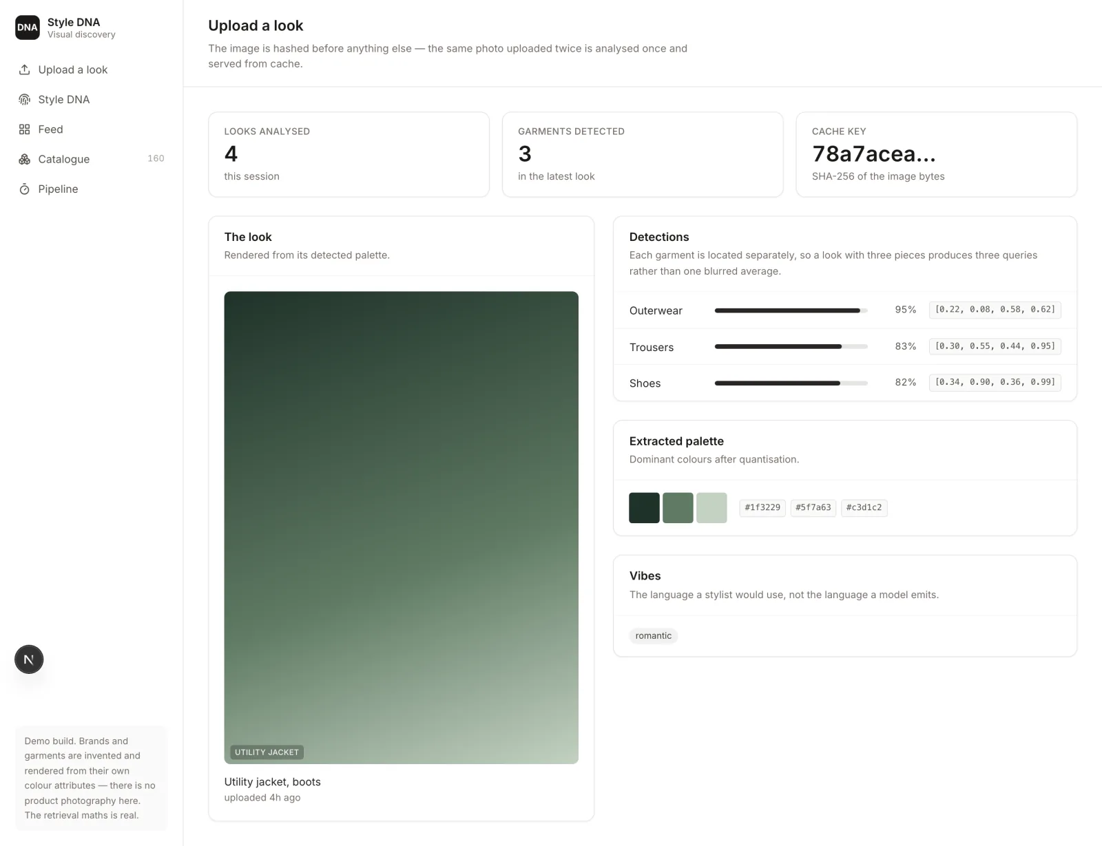 Upload screen showing the image hash used as a cache key, per-garment detections with confidence and bounding boxes, and the extracted palette.