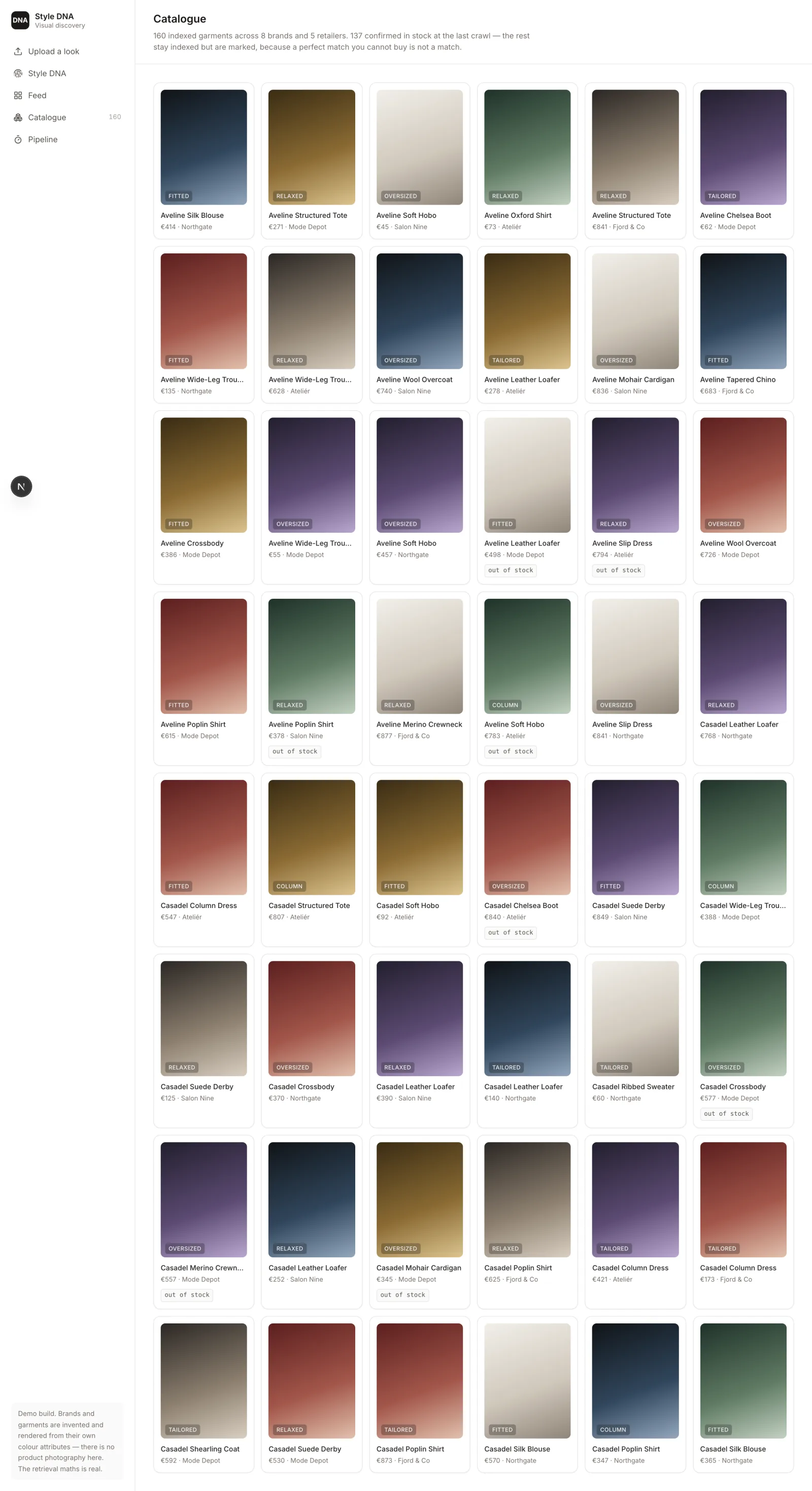 Indexed catalogue of garments rendered from their colour attributes, with out-of-stock items marked.