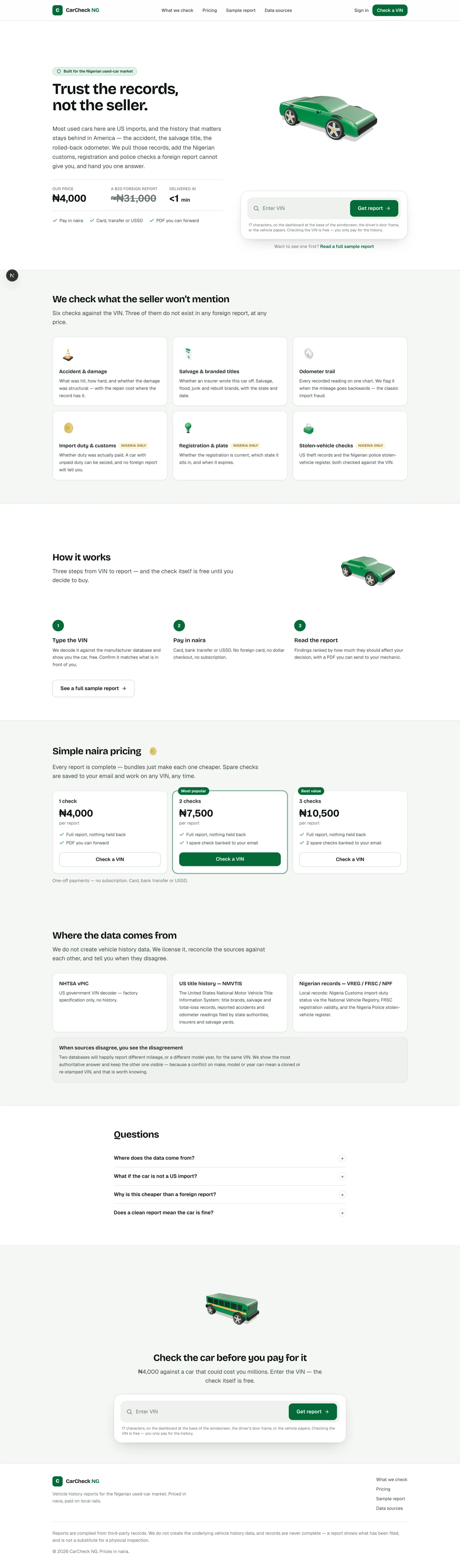 CarCheck NG landing page explaining vehicle history checks for the Nigerian market.