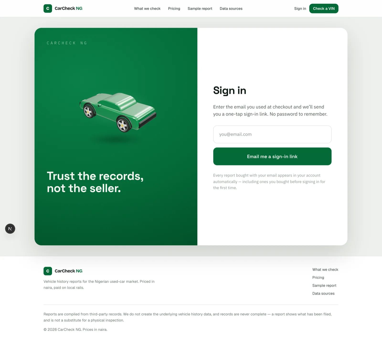 Customer sign-in screen.